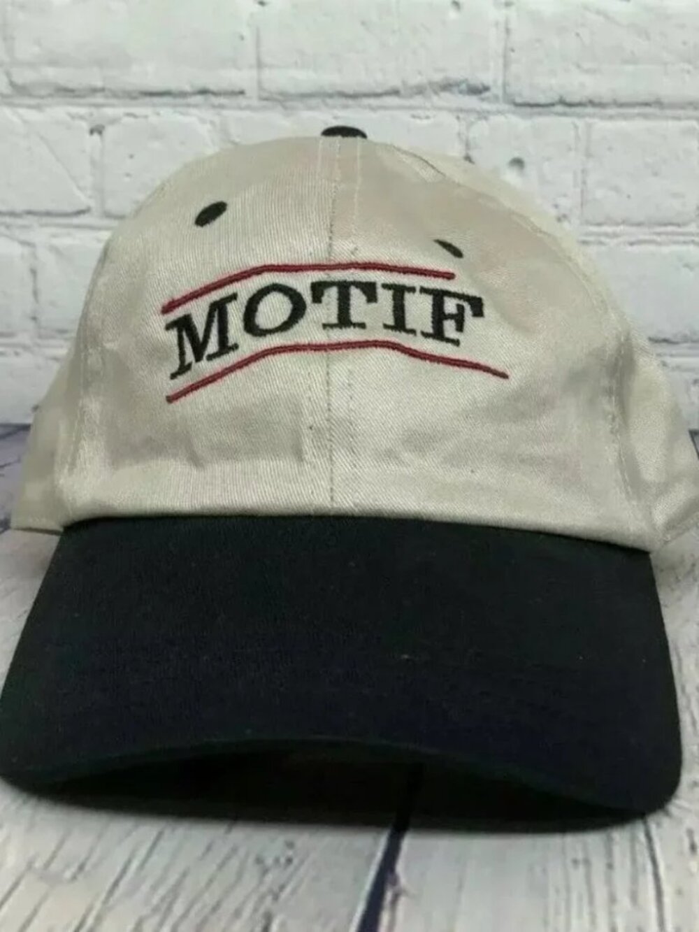 Vintage Hat Cap Strap Back Beige Black MOTIF Embroidered Logo One Size